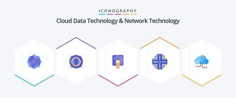 tecnología de datos en la nube y tecnología de red 25 paquetes de iconos planos que incluyen servidor. centro de datos. informática. base de datos. pantalla vector