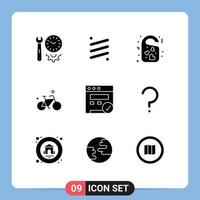 Set of 9 Commercial Solid Glyphs pack for cycle bicycle currency door tag heart Editable Vector Design Elements