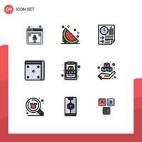 Mobile Interface Filledline Flat Color Set of 9 Pictograms of gambling casino sweet report page Editable Vector Design Elements