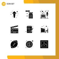 9 Universal Solid Glyphs Set for Web and Mobile Applications note film flap love clapperboard clapboard Editable Vector Design Elements