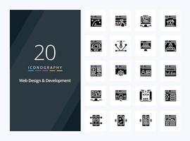 20 icono de glifo sólido de diseño y desarrollo web para presentación vector