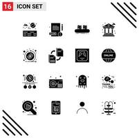 Mobile Interface Solid Glyph Set of 16 Pictograms of emission coin conveyor money life Editable Vector Design Elements