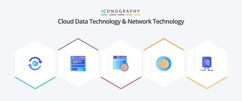 tecnología de datos en la nube y tecnología de red 25 paquetes de iconos planos que incluyen audio. informática. expediente . poder. electricidad vector