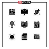 Group of 9 Modern Solid Glyphs Set for hot air balloon hardware air romantic Editable Vector Design Elements