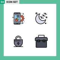 Group of 4 Modern Filledline Flat Colors Set for chart locked marketing moon internet Editable Vector Design Elements