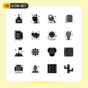 16 Thematic Vector Solid Glyphs and Editable Symbols of list check marketing campaign novel notebook Editable Vector Design Elements