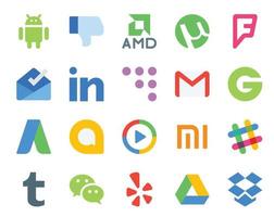 Paquete de 20 íconos de redes sociales que incluye slack video gmail windows media player adwords vector