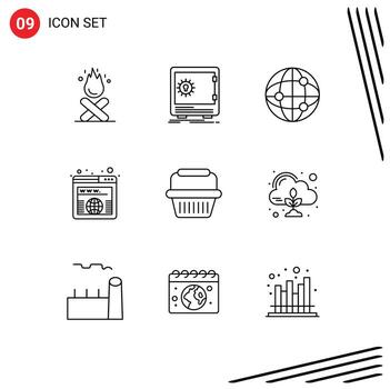 Modern Set of 9 Outlines and symbols such as cart worldwide strongbox url address Editable Vector Design Elements