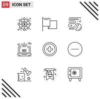 Modern Set of 9 Outlines and symbols such as plus web games configuration laptop Editable Vector Design Elements