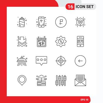 Universal Icon Symbols Group of 16 Modern Outlines of full arrow coin shape cube Editable Vector Design Elements