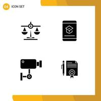 Editable Vector Line Pack of 4 Simple Solid Glyphs of balance cam scale education security Editable Vector Design Elements