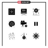 Mobile Interface Solid Glyph Set of 9 Pictograms of movie film candy camera food Editable Vector Design Elements