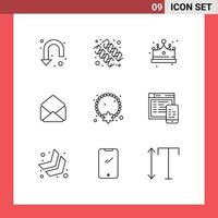 Set of 9 Vector Outlines on Grid for necklace jewelry crown open mail Editable Vector Design Elements