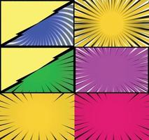 Comic book colorful frames background with halftone rays radial and dotted effects pop art style vector