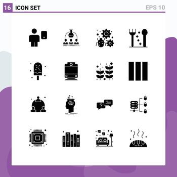 paquete de 16 signos y símbolos de glifos sólidos modernos para medios de impresión web, como elementos de diseño de vectores editables de error de equipo de experimento de cubiertos de acción de gracias