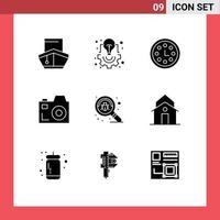 9 Universal Solid Glyphs Set for Web and Mobile Applications bug communication light camera time Editable Vector Design Elements