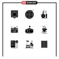 Group of 9 Solid Glyphs Signs and Symbols for boat picture analysis photo test Editable Vector Design Elements