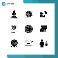 Set of 9 Modern UI Icons Symbols Signs for glass beverage target success match Editable Vector Design Elements