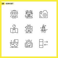 9 Thematic Vector Outlines and Editable Symbols of technology rocket media launch investment Editable Vector Design Elements