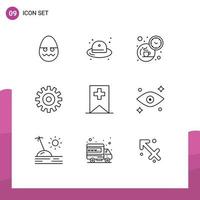 User Interface Pack of 9 Basic Outlines of plus cogs break wheel gear Editable Vector Design Elements