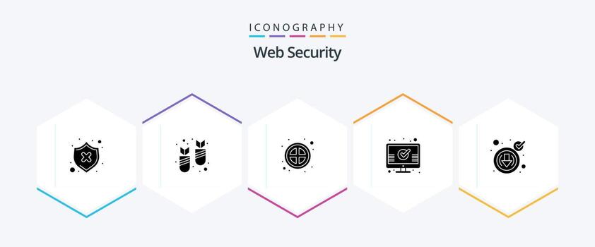 Web Security 25 Glyph icon pack including check. monitor. virus. mark. ui vector