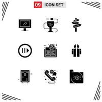 Group of 9 Solid Glyphs Signs and Symbols for book step direction player media Editable Vector Design Elements