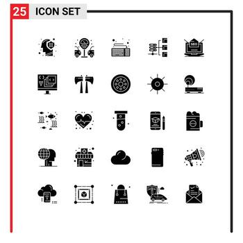 25 glifos sólidos universales establecidos para aplicaciones web y móviles computadora portátil social compartir red elementos de diseño vectorial editables vector
