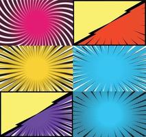 Comic book colorful frames background with halftone rays radial and dotted effects pop art style vector