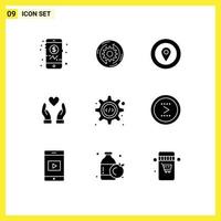 Universal Icon Symbols Group of 9 Modern Solid Glyphs of source code html location charity hand Editable Vector Design Elements