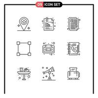 Pictogram Set of 9 Simple Outlines of cassette audio bill rectangle path Editable Vector Design Elements