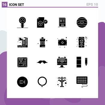 Set of 16 Vector Solid Glyphs on Grid for city planet school jupiter graph Editable Vector Design Elements