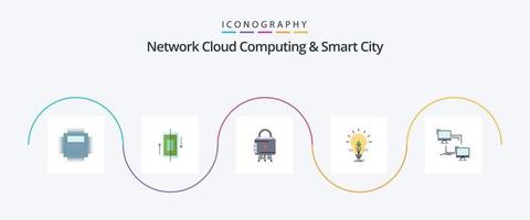 paquete de iconos de 5 planos de ciudad inteligente y computación en la nube de red que incluye idea. teléfono. seguro. cerrar vector