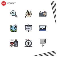 Set of 9 Vector Filledline Flat Colors on Grid for location gps electronic google photo Editable Vector Design Elements