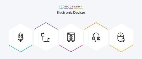 paquete de iconos de 25 líneas de dispositivos que incluye conectado. apoyo. automatización. auriculares. máquina vector