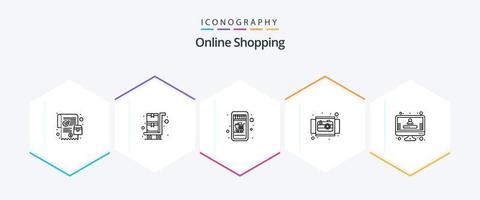 Online Shopping 25 Line icon pack including profile. view. mobile shopping. product. circle vector