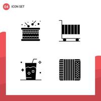 Group of 4 Modern Solid Glyphs Set for drum drink sound finance ice Editable Vector Design Elements