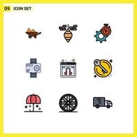 Universal Icon Symbols Group of 9 Modern Filledline Flat Colors of digital camera plumb bob watch gear Editable Vector Design Elements