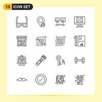 Mobile Interface Outline Set of 16 Pictograms of molecules printing computer machine email Editable Vector Design Elements