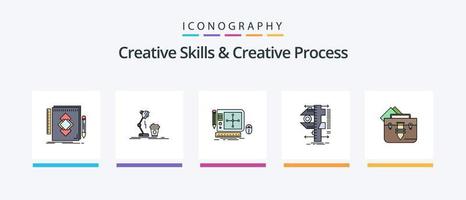 las habilidades creativas y la línea de proceso creativo llenaron el paquete de 5 íconos, incluida la bombilla. desarrollo digital. geometría. alineación. diseño de iconos creativos vector