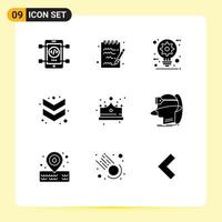 User Interface Pack of 9 Basic Solid Glyphs of jewelry crown construction down arrow Editable Vector Design Elements