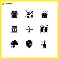 Pack of 9 Modern Solid Glyphs Signs and Symbols for Web Print Media such as court architecture marketing bank ecology house Editable Vector Design Elements