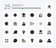 Product Managment And Global Business 25 Solid Glyph icon pack including management. custom. product. code. generation vector