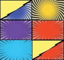 Comic book colorful frames background with halftone rays radial and dotted effects pop art style vector