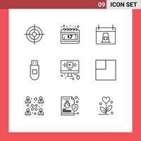 Modern Set of 9 Outlines and symbols such as online video day data usb Editable Vector Design Elements