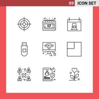 Modern Set of 9 Outlines and symbols such as online video day data usb Editable Vector Design Elements