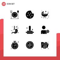 Group of 9 Solid Glyphs Signs and Symbols for add on marketing stroller finance stomach Editable Vector Design Elements