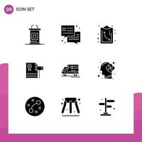 Pack of 9 creative Solid Glyphs of gooods truck strategy judge expensive Editable Vector Design Elements