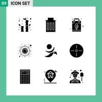 Group of 9 Modern Solid Glyphs Set for golos sun energy meditation fitness Editable Vector Design Elements