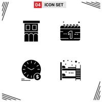 Pack of 4 Modern Solid Glyphs Signs and Symbols for Web Print Media such as architecture money property holiday wallclock Editable Vector Design Elements