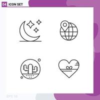 Mobile Interface Line Set of 4 Pictograms of crescent plant globe cactus heart Editable Vector Design Elements